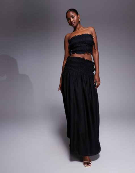 Conjunto negro de falda larga y top fruncido con escote palabra de honor de tejido efecto lino Soulie de Wanderdoll - view 1