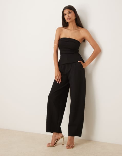Conjunto negro de pantalones de pernera barrel y top plisado con escote palabra de honor de punto roma de ASOS DESIGN - view 1