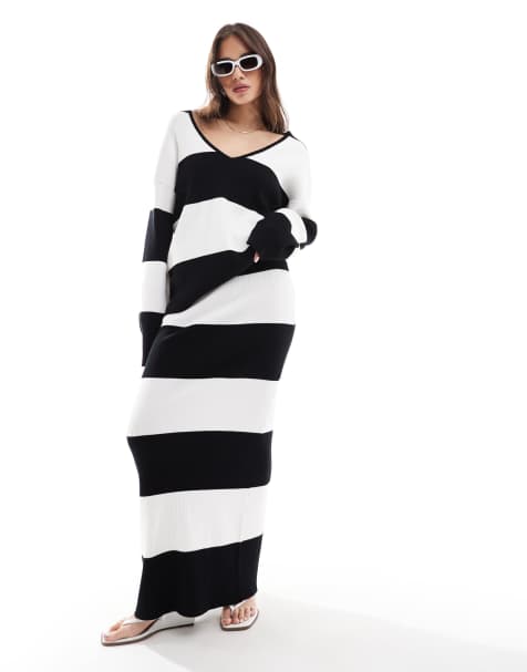 Conjunto negro y blanco a rayas de jersey extragrande con cuello de pico y falda larga de 4th & Reckless - view 1
