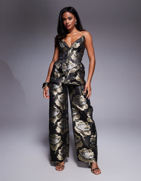 Conjunto negro y dorado de top estructurado y pantalones de corte barrel con diseño floral de jacquard de ASOS LUXE - view 1