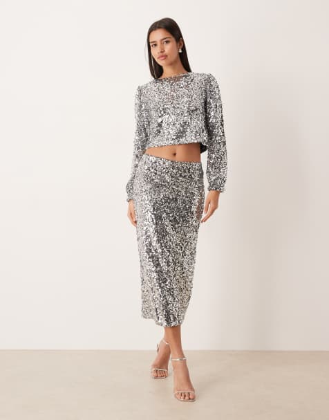 Conjunto plateado de falda midi y top de manga larga de lentejuelas de VILA - view 1