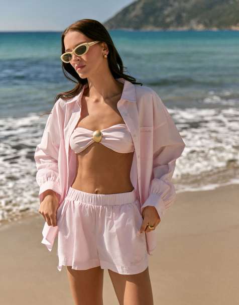 Conjunto playero rosa de pantalones cortos y camisa con mangas globo y bolsillo delantero de algodón de 4th & Reckless - view 1