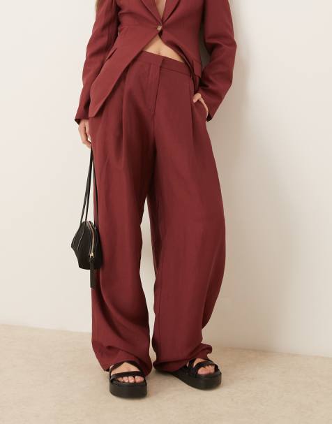 Conjunto rojo vino de americana y pantalones de pernera ancha de mezcla de lino de la colección cápsula de Mango - view 1