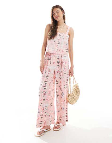 Conjunto rosa con estampado de peces de pantalones de pernera ancha y top corto efecto vintage de algodón lavado de Object - view 1