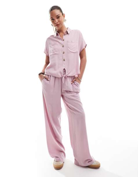 Conjunto rosa de pantalones de pernera ancha y camisa con lazada delantera de lino de Pieces - view 1