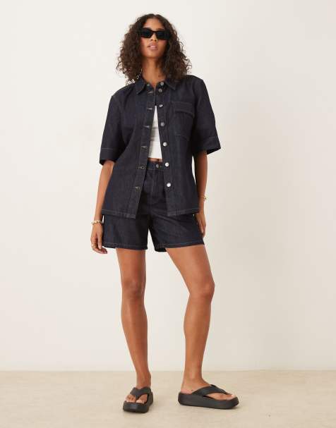 Conjunto vaquero azul oscuro de camisa y pantalones cortos de JDY - view 1