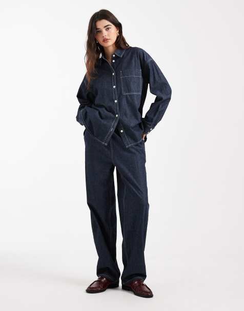 Conjunto vaquero de pantalones de corte barrel y top abotonado con acabado enjuagado de Object - view 1