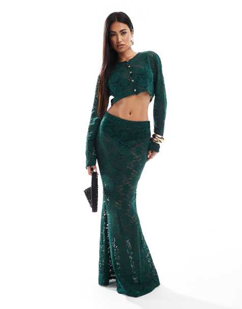 Conjunto verde esmeralda de top abotonado de manga larga y falda larga de encaje exclusivo de Aria Cove - view 1
