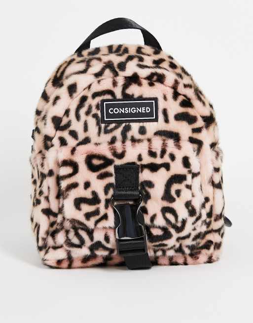 Consigned animal print faux fur backpack in pink