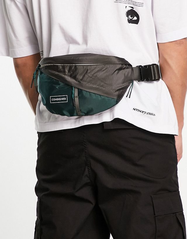 Consigned color block fanny pack in gray and green