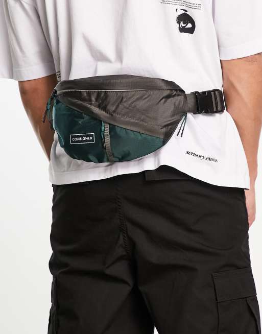 Consigned colour block bum bag in grey and green