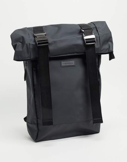 Consigned double clip roll top backpack in black ASOS