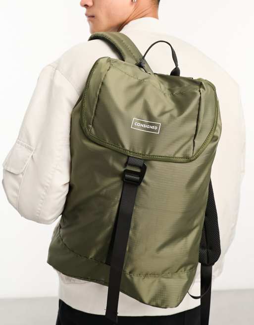 Consigned flap over backpack in khaki