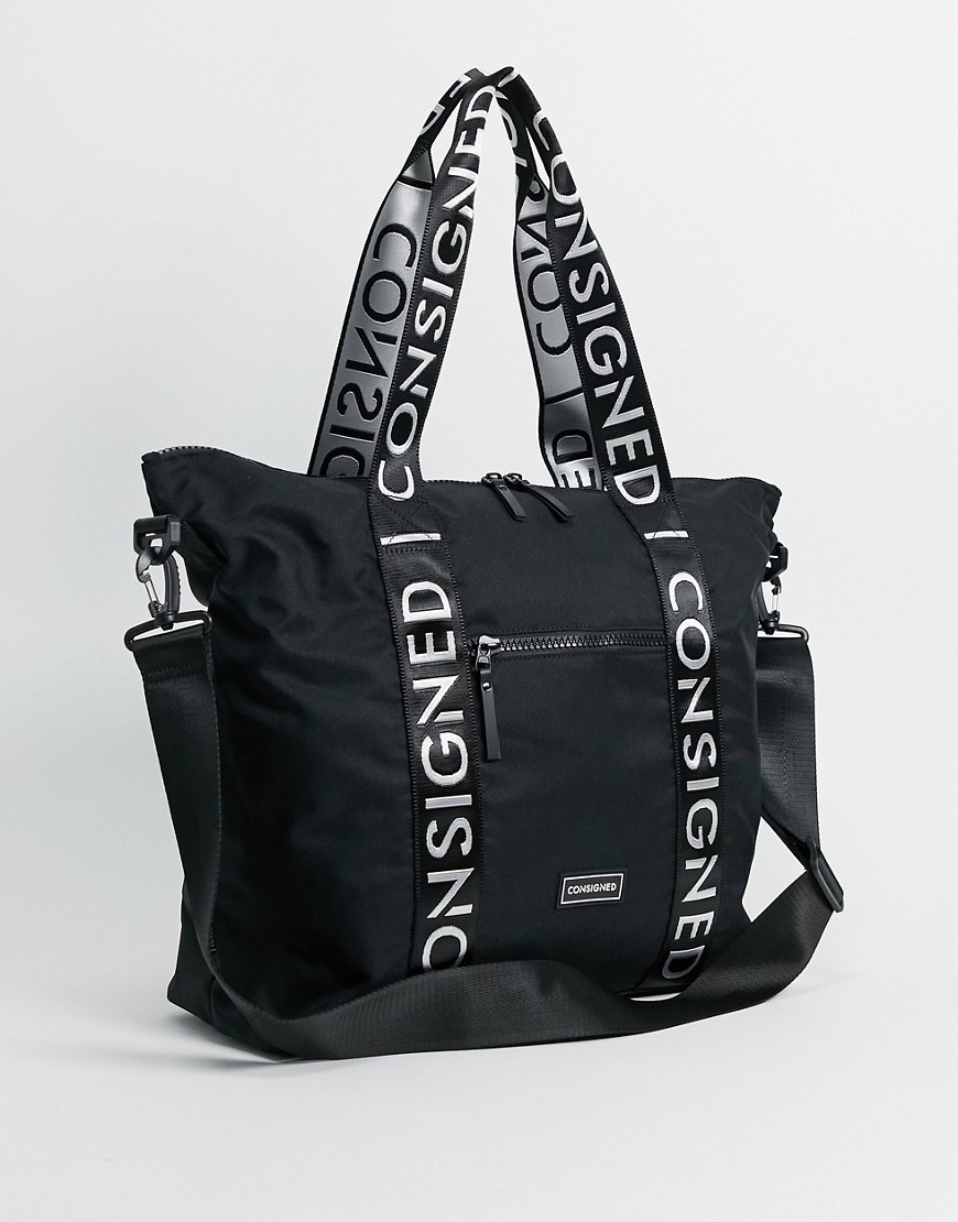 Consigned logo taping tote bag-Black