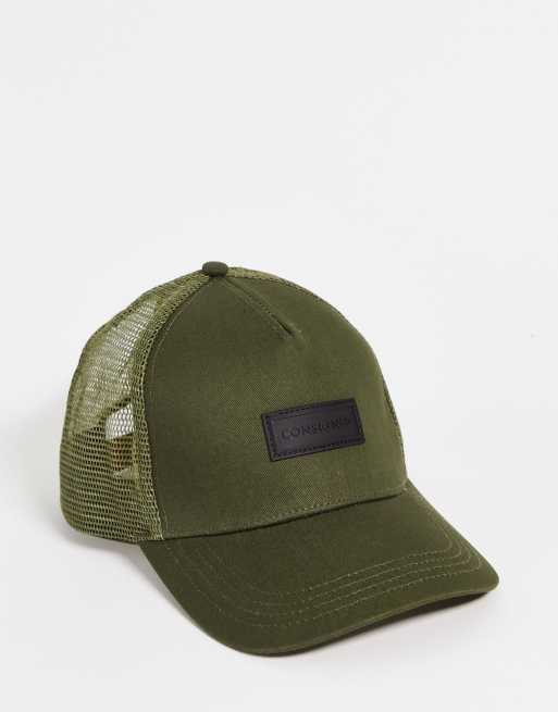 Consigned mesh trucker cap in khaki | ASOS