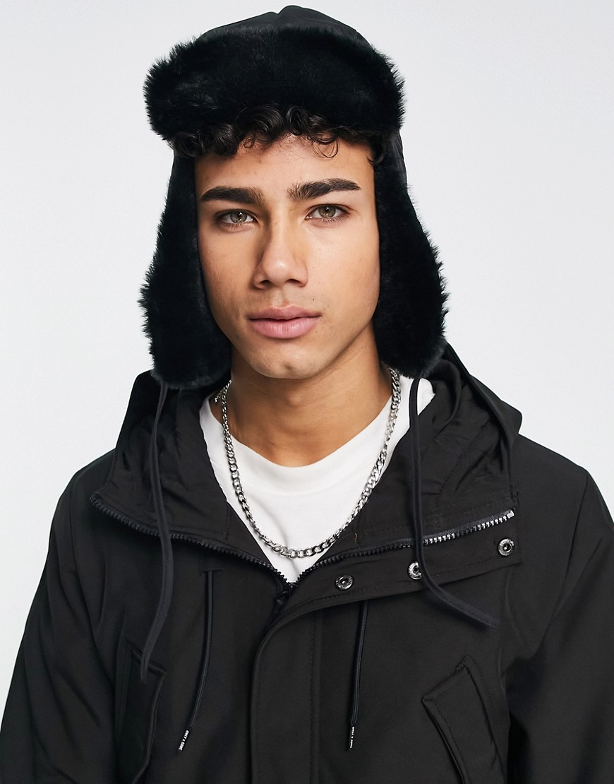 Consigned padded faux fur trapper hat in black