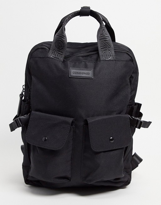 Consigned small zip round pocket backpack in black