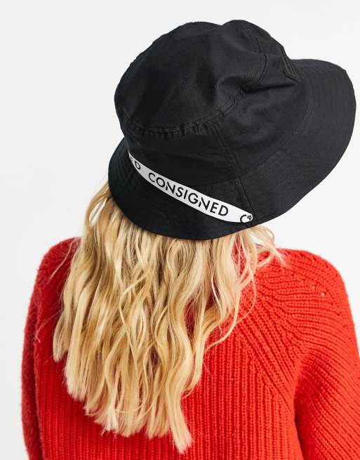 Consigned taped logo chin strap bucket hat in black, 4 of 4