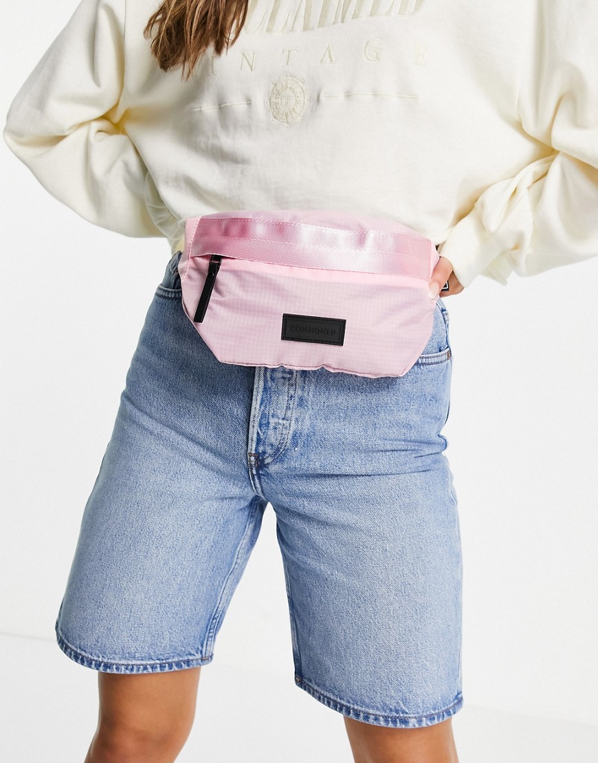 Consigned zip top tape trimmed fanny pack in pink