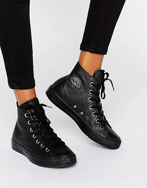 Converse Black Faux Shearling Lined Leather Chuck Taylor Hi Top Trainers |  ASOS