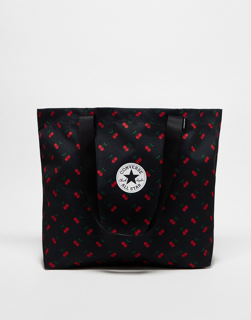 Converse cherry print canvas tote bag in black