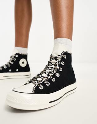 Converse Chuck 70 Hi trainers in black with leopard laces - ASOS Price Checker