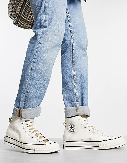 Converse Chuck 70 Hi Craft canvas hickory stripe sneakers in stone and white