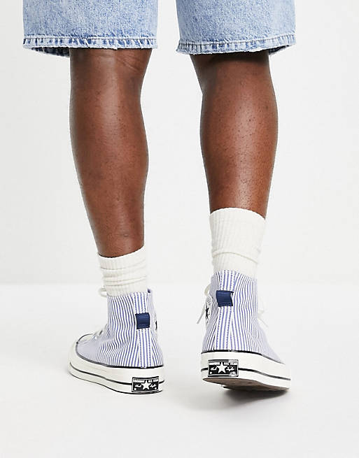 Converse Chuck 70 Hi Craft canvas hickory stripe trainers in blue and white  | ASOS