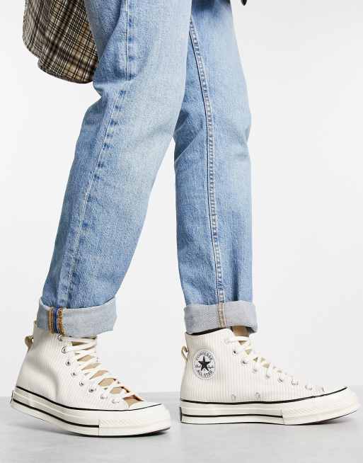 Converse - Chuck 70 Hi Craft - Canvas sneakers met hickory-strepen in stone en wit