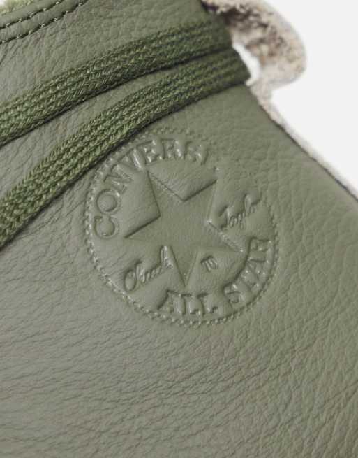 Converse Chuck 70 Hi leather sneakers with faux fur lining in utility green, 3 of 4