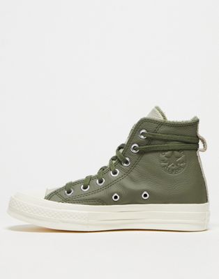 Converse Chuck 70 Hi leather trainers with faux fur lining in utility green - ASOS Price Checker