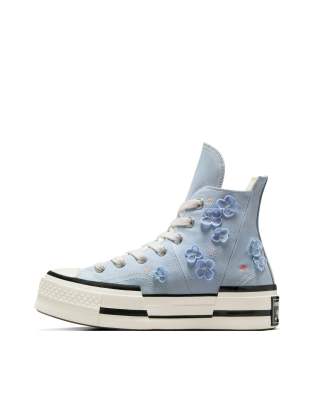 Chuck 70 Hi platform sneakers with flower embroidery in blue