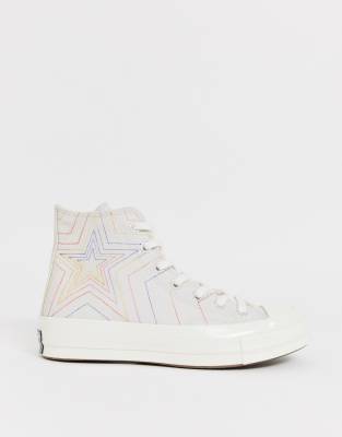 white converse with rainbow stitching