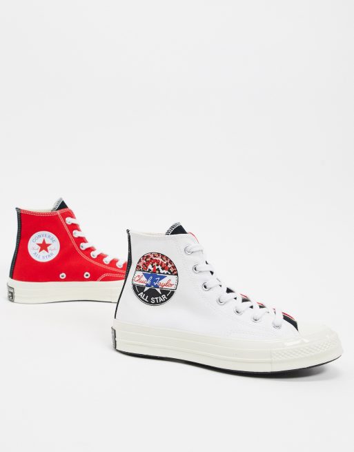 Converse Chuck 70 Hi Red and white leopard patch trainers