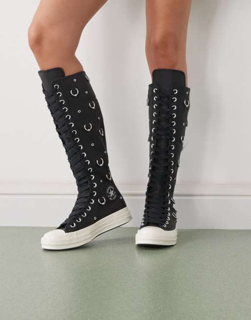 Converse - Chuck 70 Knee Hi - Sneakers alte al ginocchio nere con dettagli in metallo argentato