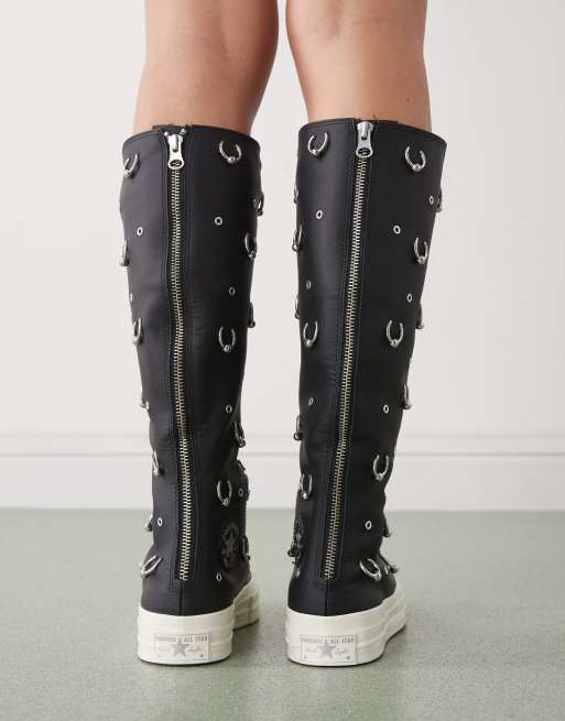 Converse Chuck 70 Knee Hi trainers in black with silver hardware, 3 of 5