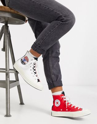 Converse - Chuck - Sneakers alte anni '70 rosse e bianche con applicazione leopardata-Rosso