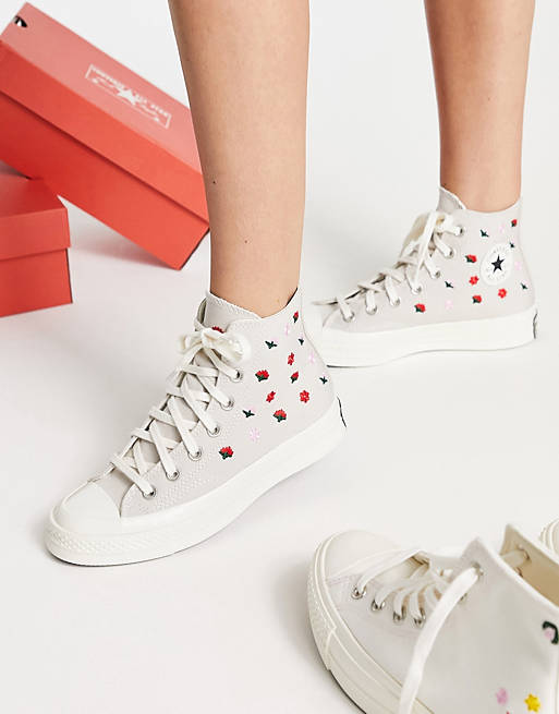 Converse Chuck Taylor 70 Hi floral embroidery trainers in light grey | ASOS