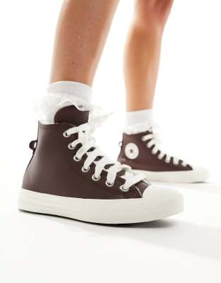 Converse Chuck Taylor All Star Hi leather trainers in dark brown - ASOS Price Checker