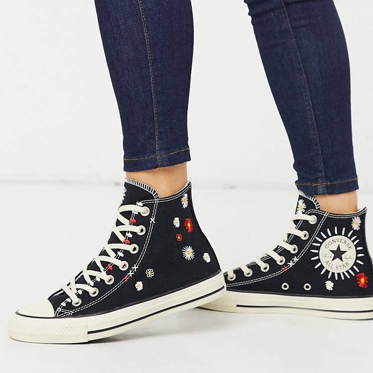 Converse Chuck Taylor All Star Hi black Embroidered floral sneakers | ASOS
