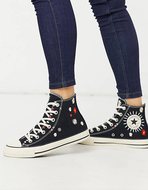 Converse Chuck Taylor All Star Hi black Embroidered floral trainers | ASOS