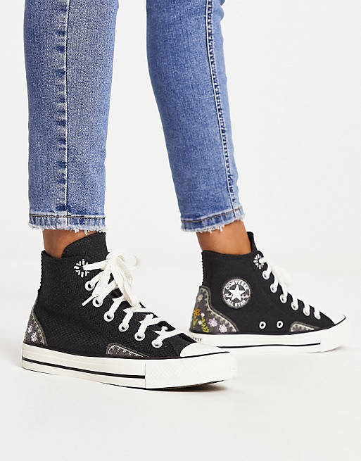 Converse Chuck Taylor All Star Hi floral embroidery trainers in black | ASOS