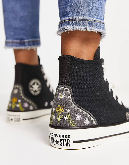 Converse Chuck Taylor All Star Hi floral embroidery trainers in black | ASOS