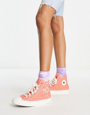 Converse Chuck Taylor All Star Hi floral embroidery trainers in madder pink
