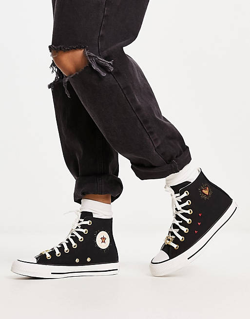 Converse Chuck Taylor All Star Hi heart trainers with embroidery in black |  ASOS