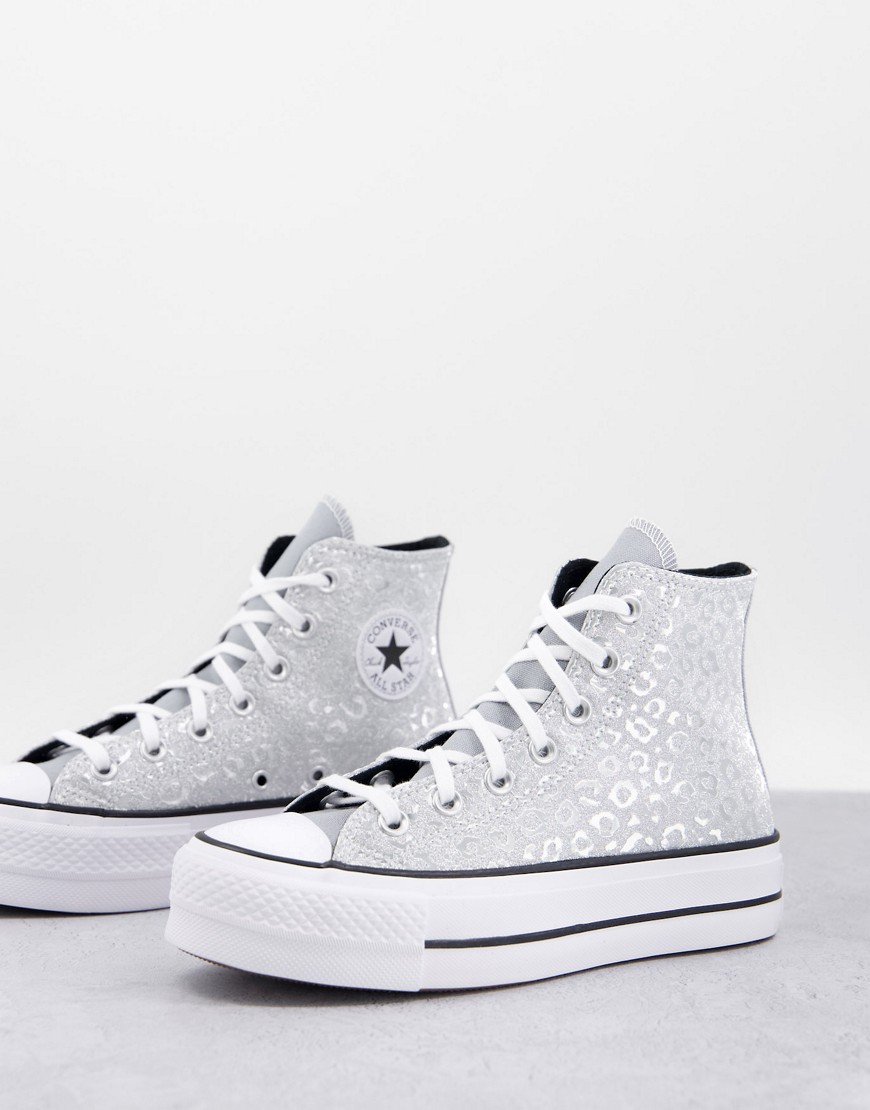 Converse Chuck Taylor All Star Hi Lift glitter leopard platform sneakers in silver