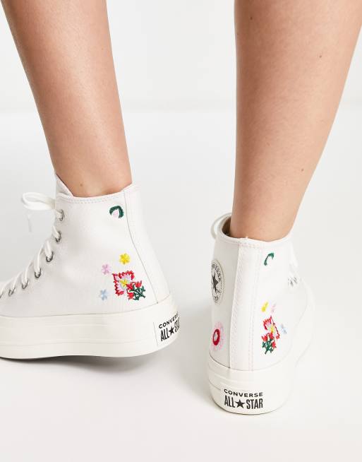 Converse Chuck Taylor All Star Hi Festival embroidered canvas platform sneakers in egret | ASOS