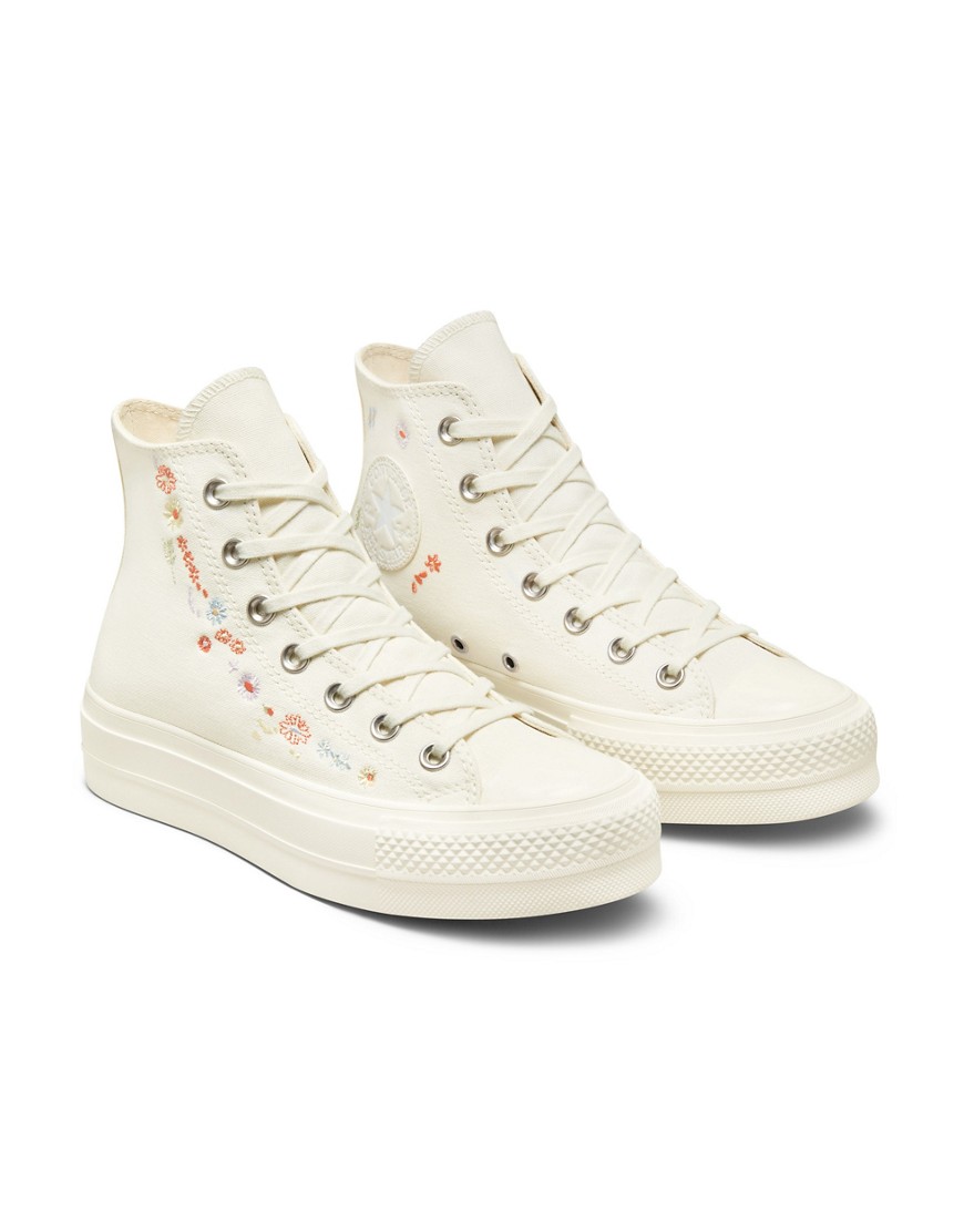 Converse Chuck Taylor All Star Hi Lift Things To Grow embroidered canvas platform sneakers in off white
