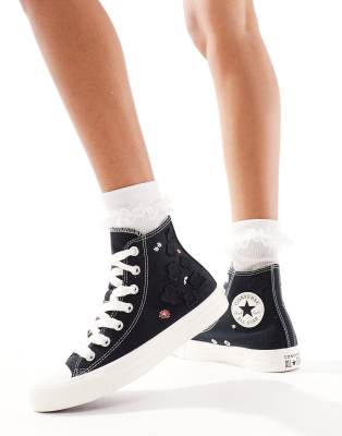 Converse - Chuck Taylor All Star Hi - Sneaker in Schwarz mit breiten Schnürsenkeln und Organza-Blüte