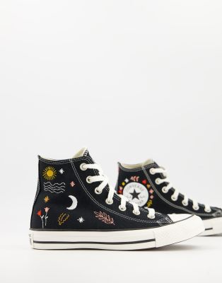 converse chuck taylor all star hi embroidery black & white skate shoes